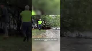 Man and dog lucky to be uninjured after driving into floodwater