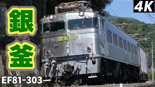 【4K】【銀釜貨物】JR貨物EF81形300番台,EF81-303牽引4075列車 日豊本線東別府駅-西大分駅間・西大分駅-大分駅間走行シーン【記念コンテナ積載】