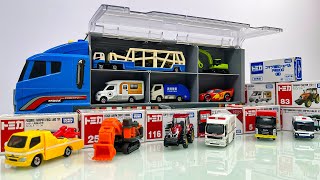 はたらくくるま！トミカのコンボイへ収納！ミニカー10台お片付け！Working vehicles! Store in the Tomica convoy! Clean up 10 mini cars!