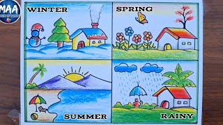 Four Seasons Drawing | How to Draw Four Seasons for kids | Weather Season Drawing Idea #season