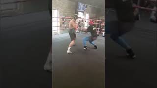 Claressa Shields getting dropped in sparring by Arturs Ahmetovs in 2018.