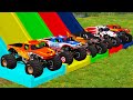 Double Flatbed Trailer Monster Trucks Transport with Slide Color-Cars vs Speed bump-BeamNG.drive 08