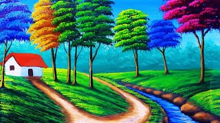 Very easy beautiful village riverside scenery painting / drawing of nature