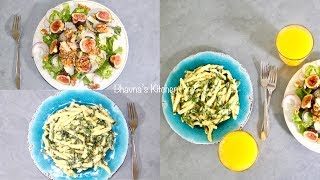 Summer Fig Walnut Salad with Creamy Spinach Alfredo Pasta Video Recipe | Bhavna's Kitchen