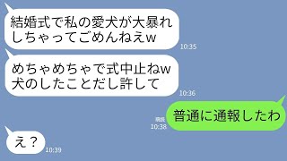 【LINE】私の結婚に嫉妬した親友が愛犬連れて式に乱入「ケーキ倒しちゃったw犬のせいだし許してw」→直後、全てを失って土下座www