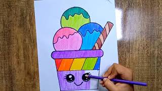 How to draw and colour cute and easy ice cream cup for kids