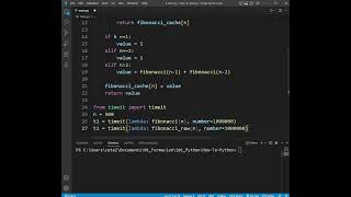 Memoization applied to Fibonacci number. Comparison using a cache in Python
