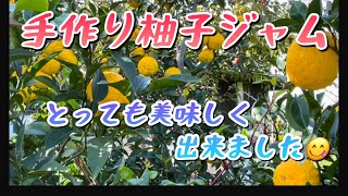 収穫した柚子でジャムを作りました👍甘さ控えめでサッパリした美味しさに😋初めて作ったのですが大成功👏