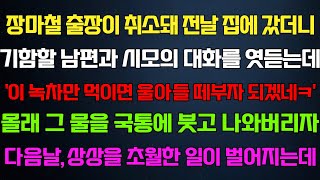 [반전 신청사연] 장마철 출장이 취소돼 집에가니 남편과 시모의 기함할 대화'며느리가 이물만 먹으면 울아들 부자되겠네'그물을 국에 붓고나오는데 /사연카페/실화사연/썰