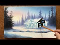 draw a snowy winter landscape with a house and pine trees acrylic landscape painting a lu art.