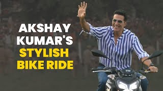 Akshay Kumar rides bike at Sky Force set, greets fans in style | Watch Video