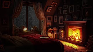 Bedroom Ambience🌧️Fireplace Burning \u0026 Rain on Window ✨Rain Sounds for Sleeping \u0026 Stress Relief