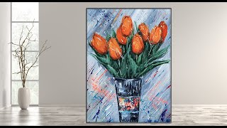 Step by Step acrylic painting on canvas for beginners/ Orange Tulips /Abstract Floral /MariArtHome