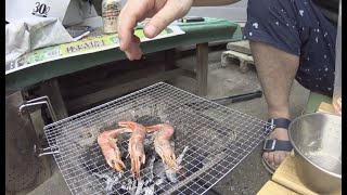 【庭で一人】炭火で海老と牛タンを焼きました。スノーピーク焚き火台S