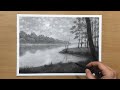 Moonlight Landscape Charcoal Drawing