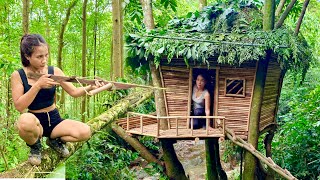 Build a tree house for shelter, how the girl fishes and hunts for food