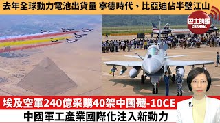 【中國焦點新聞】埃及空軍240億採購40架中國殲-10CE，中國軍工產業國際化注入新動力。去年全球動力電池出貨量，寧德時代、比亞迪佔半壁江山。25年2月15日