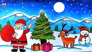 How to draw scenery santa Christmas drawing | merry christmas drawing