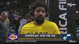 Spencer Dinwiddie (10-pts) talks after LeBron-less Lakers rout Jazz 138-122