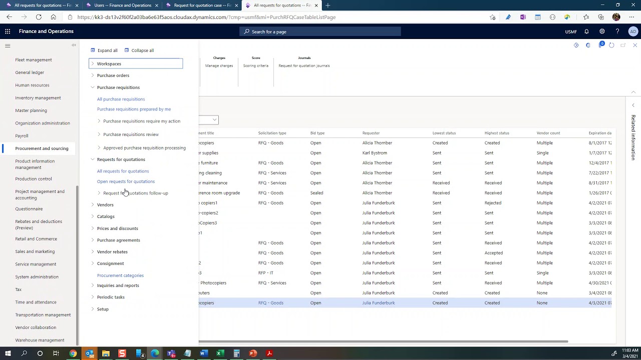 Dynamics 365 For Finance And Operations (D365 F&O) - RFQ Creation - YouTube