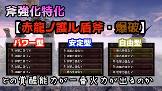 【MHW:IB】斧強化特化「赤龍ノ護ル盾斧・爆破」どの覚醒能力が一番火力が出るのか検証してみた（チャージアックス装備紹介）【モンハン：アイスボーン】