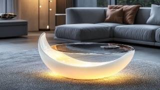 Luminous Crescent Moon Coffee Table | Elegant White Glass Design for a Cozy Modern Living Room