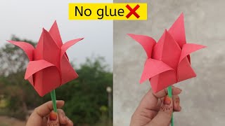 How to make paper tulip|Easy origami tulip|DIY tulip flower|No glue paper craft|Paper flower