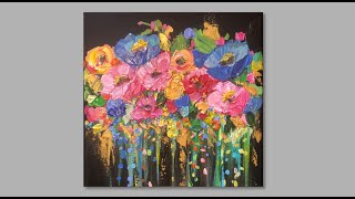Abstract Colorful Flowers with Gold Accents/ Acrylic Painting for Beginners/ Palette Knife