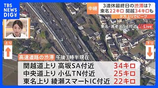 三連休最終日の渋滞のピークは午後6時までか　関越道上り・高坂SA付近では34キロの渋滞に｜TBS NEWS DIG