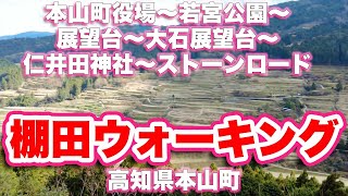 棚田ウォーキング【高知県本山町】本山町役場〜若宮公園〜展望台〜大石展望台〜仁井田神社〜ストーンロード【4K】【旅行VLOG|徳弘効三】中央公民館,山口誓子,歌碑,右城暮石,オンドリ杉,阿弥陀堂,乳銀杏