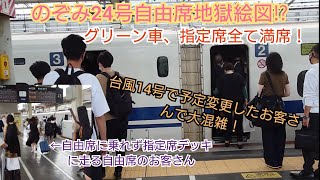 【台風14号最接近前日の岡山駅・激混みのぞみ❗】のぞみ24号自由席乗車率100％超えで到着！自由席は超満員で指定席デッキに走るたくさんのお客さんが居て4分遅れた状況でなんとか詰めきって発車/