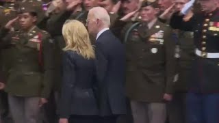 Jill Biden drags Joe away as Macron left awkwardly greeting D-Day veterans