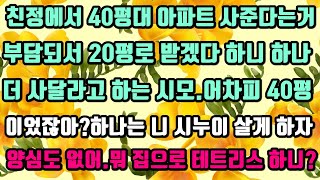 [카카오실화사연]친정에서 40평대 아파트 사준다는거 부담되서 20평로 받겠다 하니 하나더 사달라고 하는 시모.?하나는 니 시누이 살게 하자.양심도 없어.뭐 집으로 테트리스 하니?