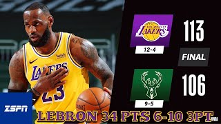 LeBron James' 34 PTS Leads Lakers in 113-106 Win over Giannis, Bucks | KCP 23 PTS 7-10 3PT
