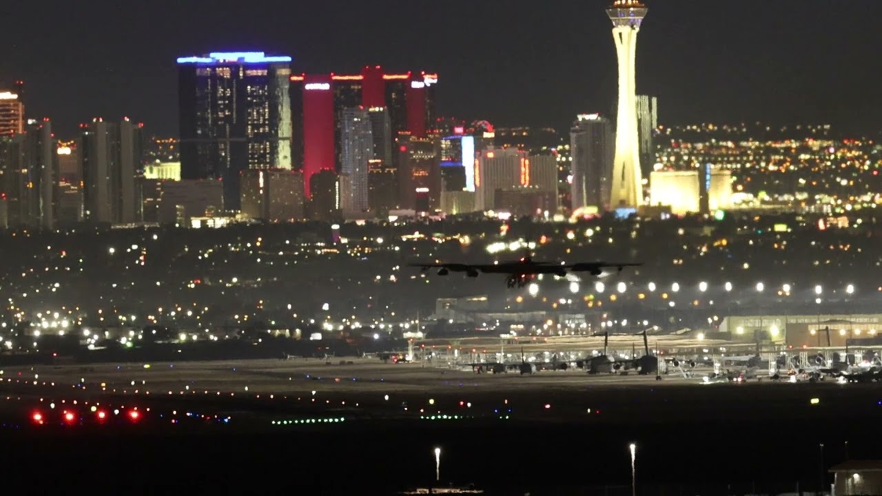 B-52 Night Landing At Nellis AFB With Chute Deploy - Heavy Bomber In ...