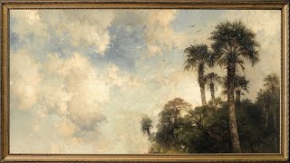 Vintage TV Art Screensaver. Coastal Tropical Palm Trees Oil Painting. 4K Gold Framed Frame TV Hack.