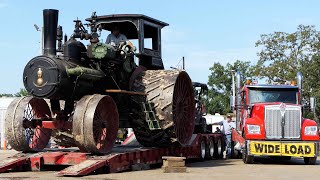 BIG - 110 Case Steam Engine being loaded on lowbed trailer at American Thresherman Show 2023