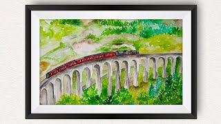 Watercolor painting for beginners How to draw Harry Potter Train on Viaduct Bridge Scotland Scenery