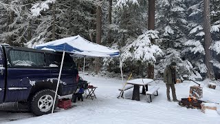 Winter truck camping in my older pickup truck #wintercamping #pnw #snowcamping #dieselheater