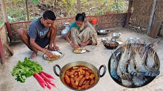 RIVER PRAWNS CURRY with RADISH | Village Style Prawns Recipe | Cooking \u0026 Eating by Mother \u0026 Son