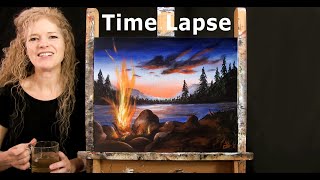 TIME LAPSE - Learn How to Paint "SUNSET CAMPFIRE" with Acrylic - Fun Step by Step Landscape Lesson