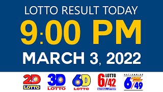 Lotto Results Today March 3 2022 9pm Ez2 Swertres 2D 3D 6D 6/42 6/49 PCSO