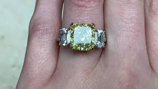 5.78ct Center Radiant Cut Fancy Yellow Diamond Three Stone Ring - Ottsville Ring - Hand Video