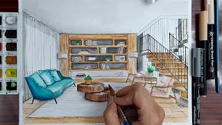 Drawing A Living Room In One Point Perspective | Timelapse