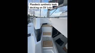 Plasdeck synthetic teak decking on SV Lola a 2024 Leopard 42.  Installed by Specialty Marine