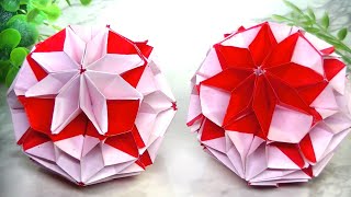 折り紙で花のくす玉・綺麗のコツは中心の糊づけ・７.５㎝２４枚と糊を使います・Origami  ・Mr coin origami channel１５