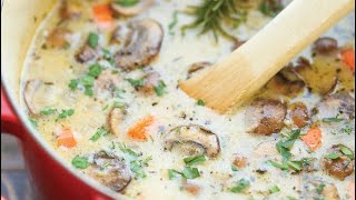 CHEESE SOUP WITH MUSHROOMS AND MELTED CHEESE. DON'T PULL IT OFF BY THE EARS