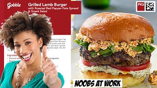 Gobble Review - Grilled Lamb Burger w Roasted Red Pepper Feta Spread \u0026 Greek Salad | Noobs at Work