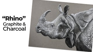 Realistic Graphite and White Charcoal Drawing - Rhinoceros