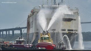 1 firefighter remains in hospital, ship still burning in Blount Island